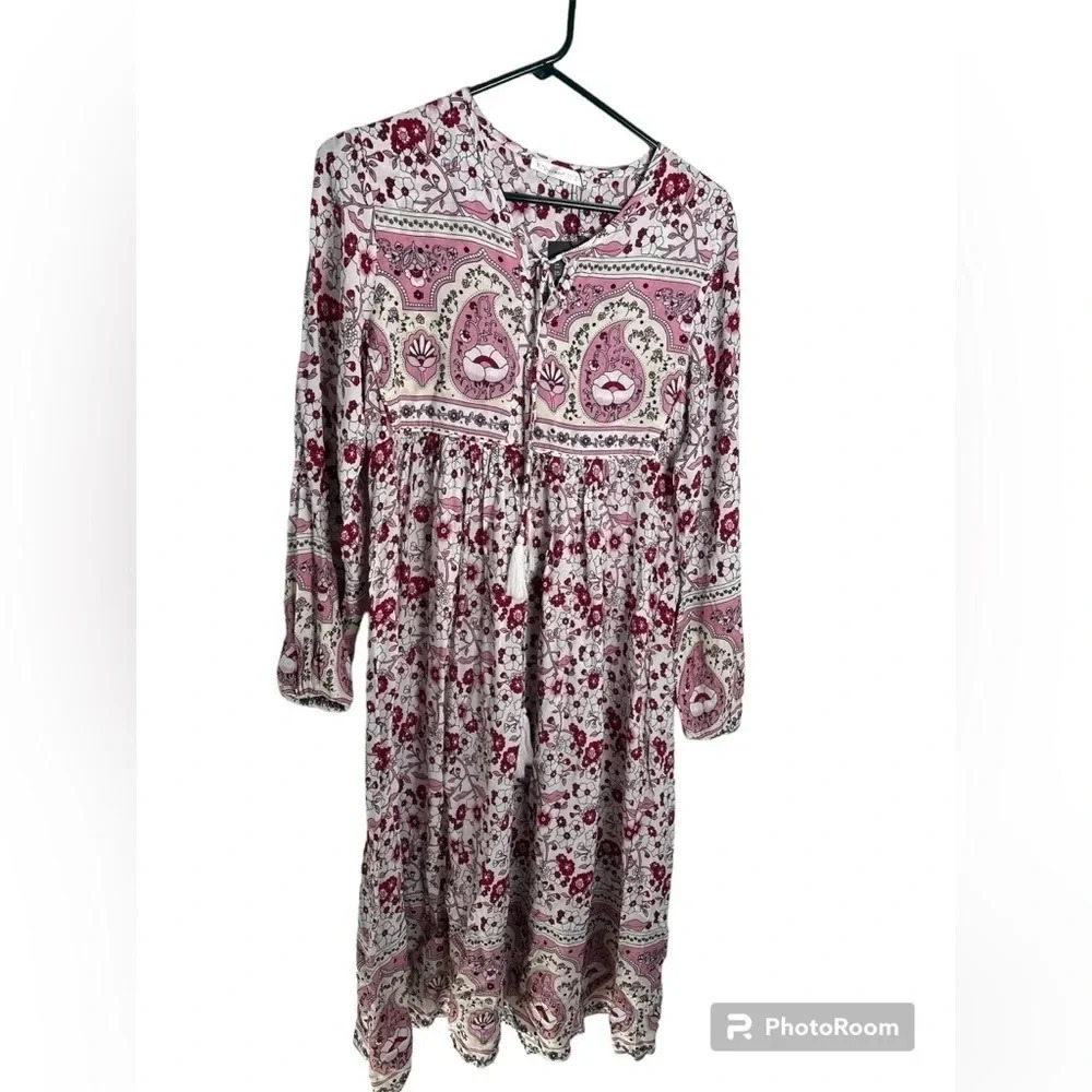 R.Vivimos Womens Pink Floral Caftan Long Sleeve Boho Midi Dress Size XS